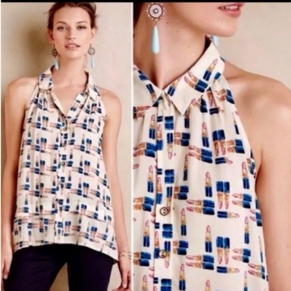 Anthropologie Maeve Lipstick print button up sleeveless top w collar. Size 0